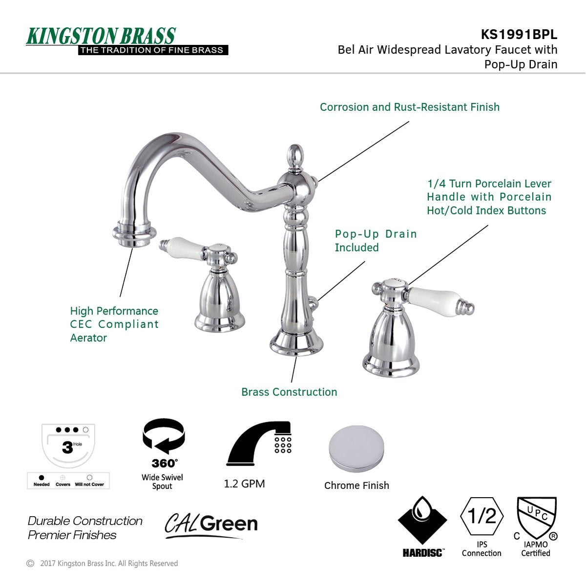 Kingston Brass Bel-Air Deck Mount 8" Widespread 3-Hole Bathroom Faucet