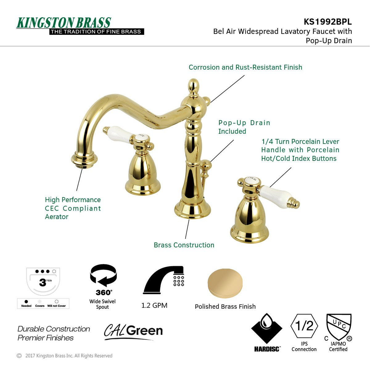 Kingston Brass Bel-Air Deck Mount 8" Widespread 3-Hole Bathroom Faucet