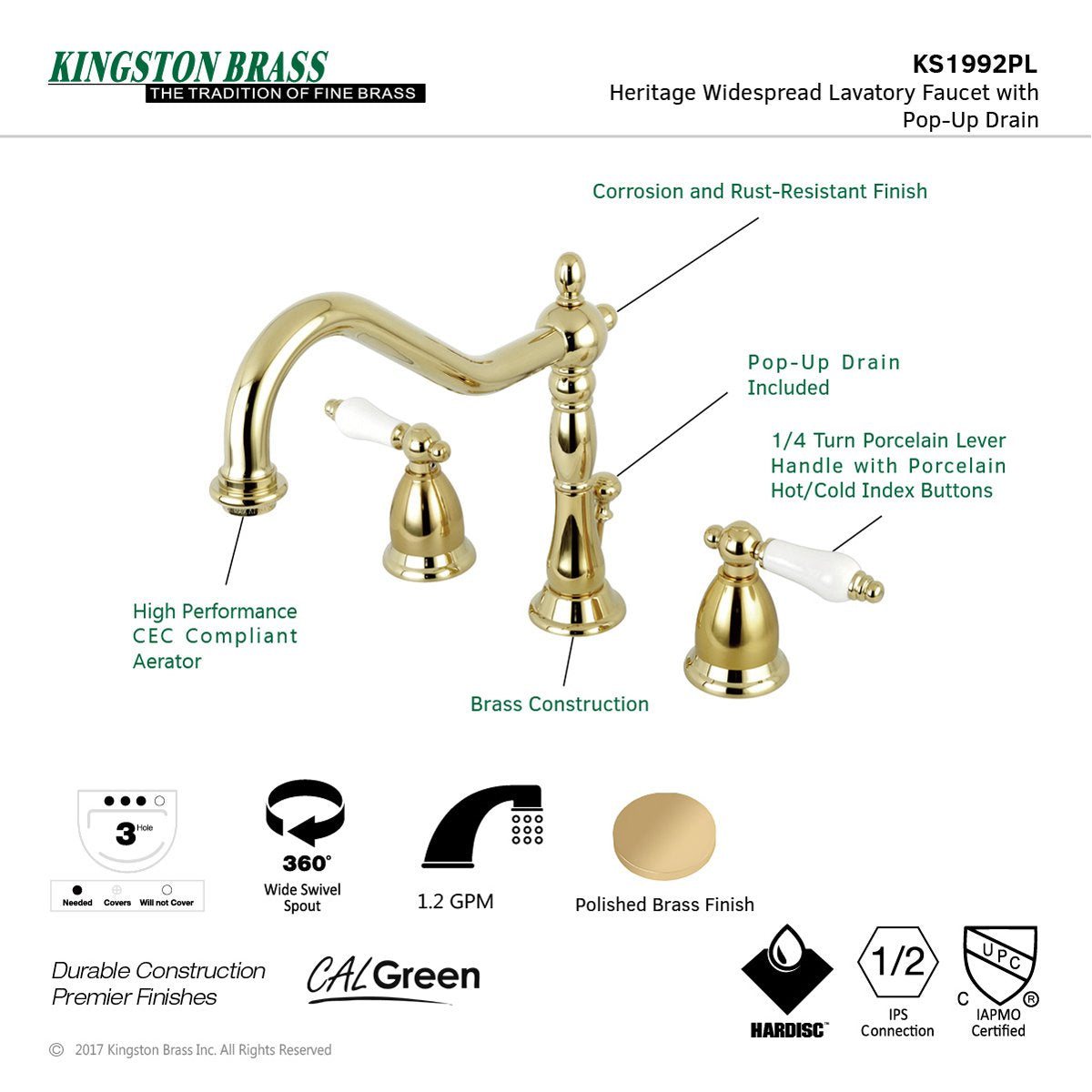 Kingston Brass Heritage 8-Inch Widespread Lever-Handle Bathroom Faucet