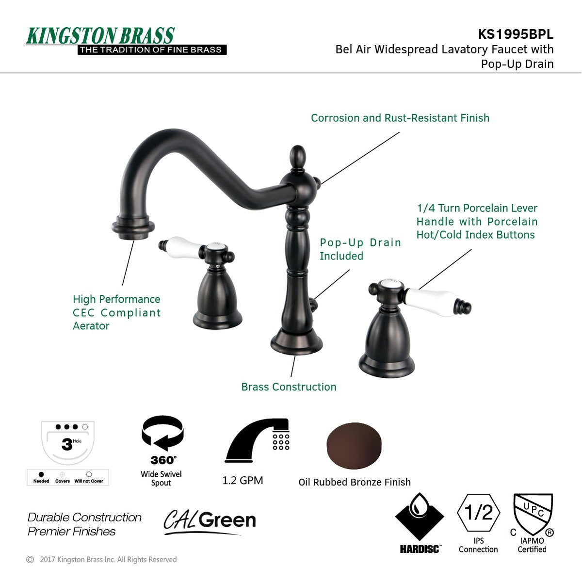 Kingston Brass Bel-Air Deck Mount 8" Widespread 3-Hole Bathroom Faucet