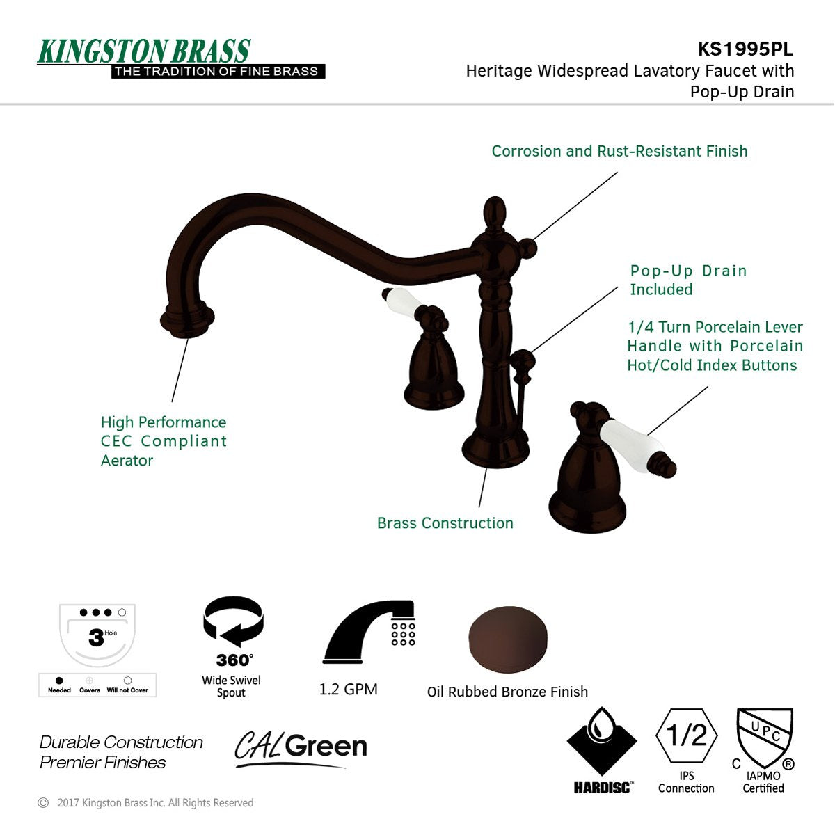 Kingston Brass Heritage 8-Inch Widespread Lever-Handle Bathroom Faucet