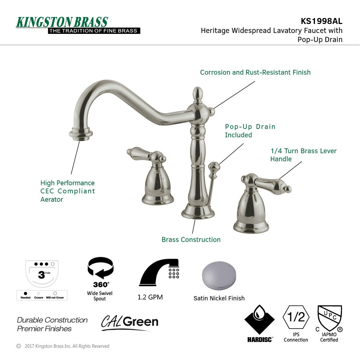 Kingston Brass Heritage 8-Inch Widespread Bathroom Faucet with Brass Pop-Up