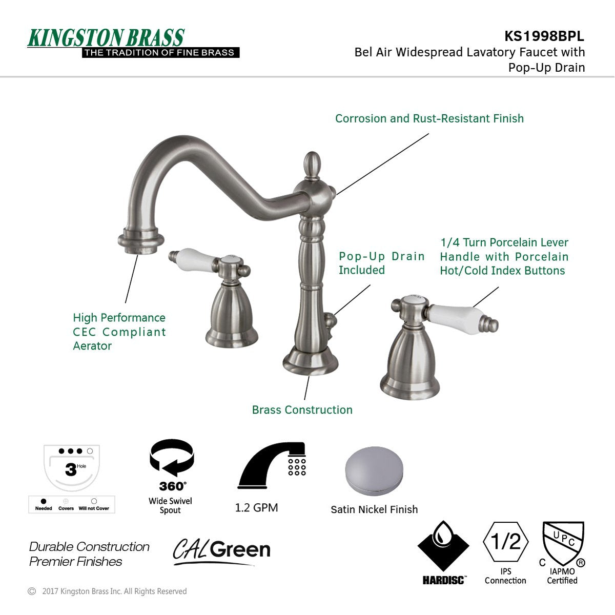 Kingston Brass Bel-Air Deck Mount 8" Widespread 3-Hole Bathroom Faucet