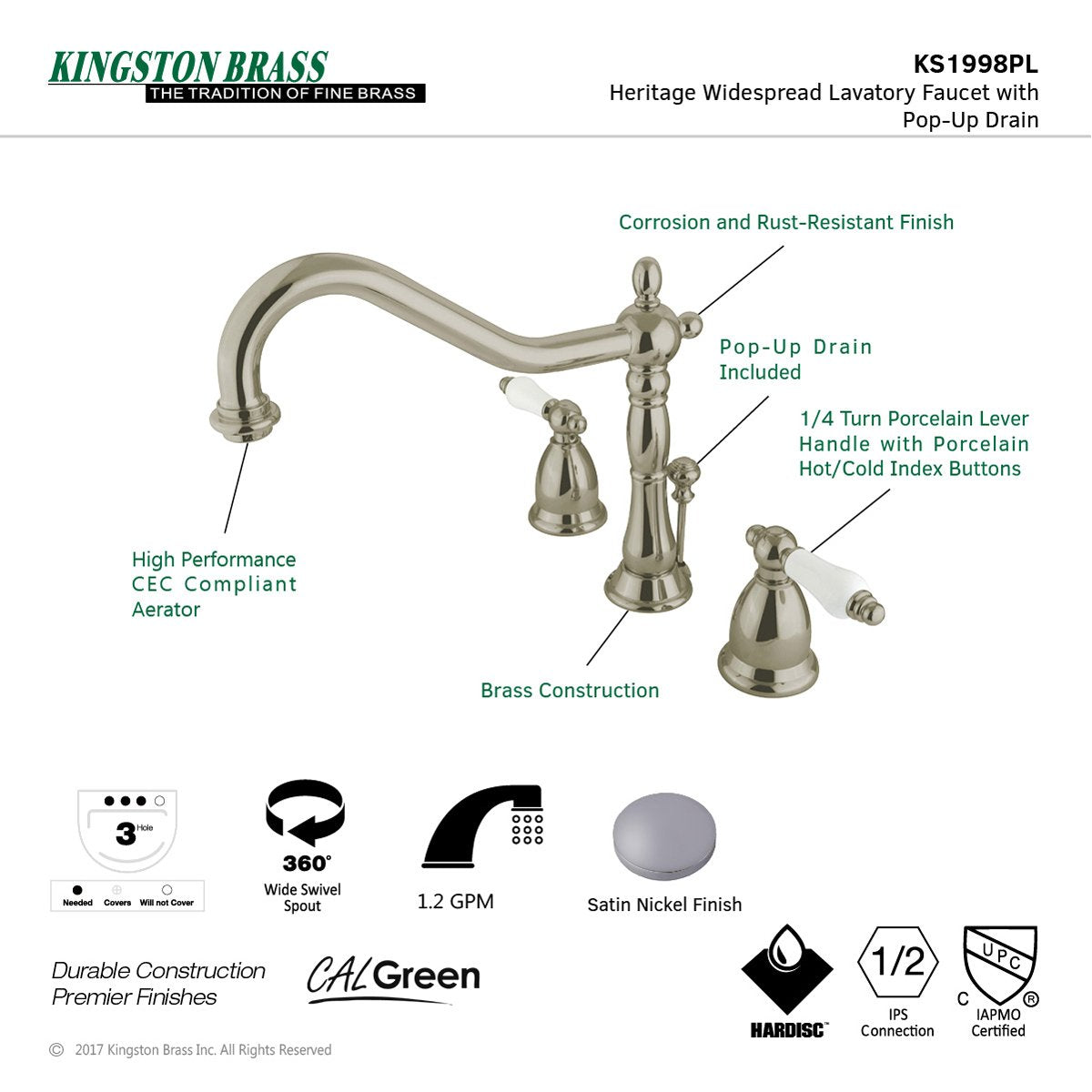 Kingston Brass Heritage 8-Inch Widespread Lever-Handle Bathroom Faucet