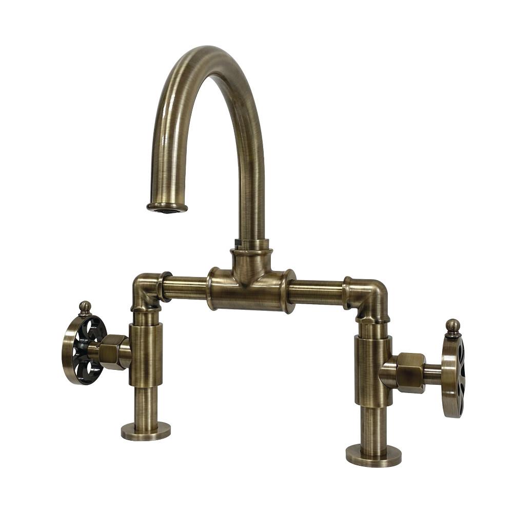 Kingston Brass KS217XRX-P Belknap Industrial Style Wheel Handle Bridge Bathroom Faucet with Pop-Up Drain
