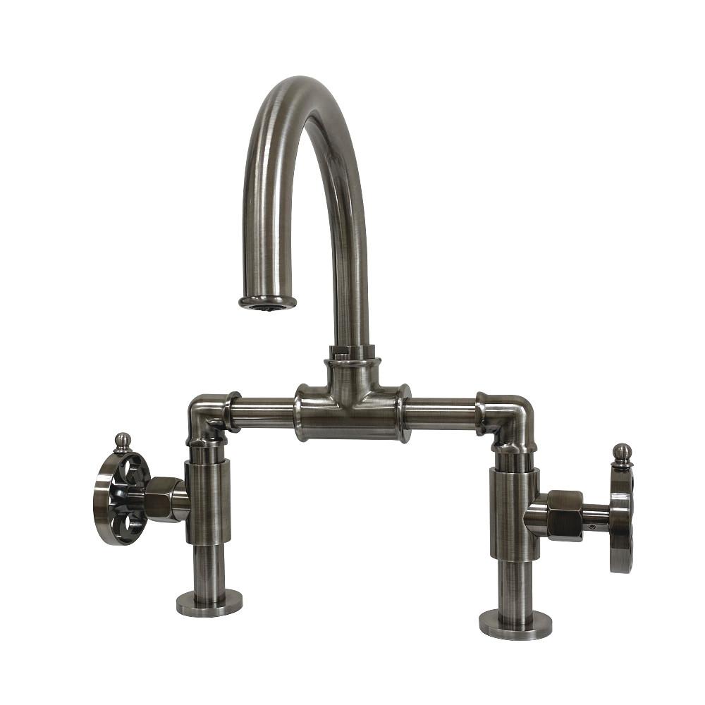 Kingston Brass KS217XRX-P Belknap Industrial Style Wheel Handle Bridge Bathroom Faucet with Pop-Up Drain