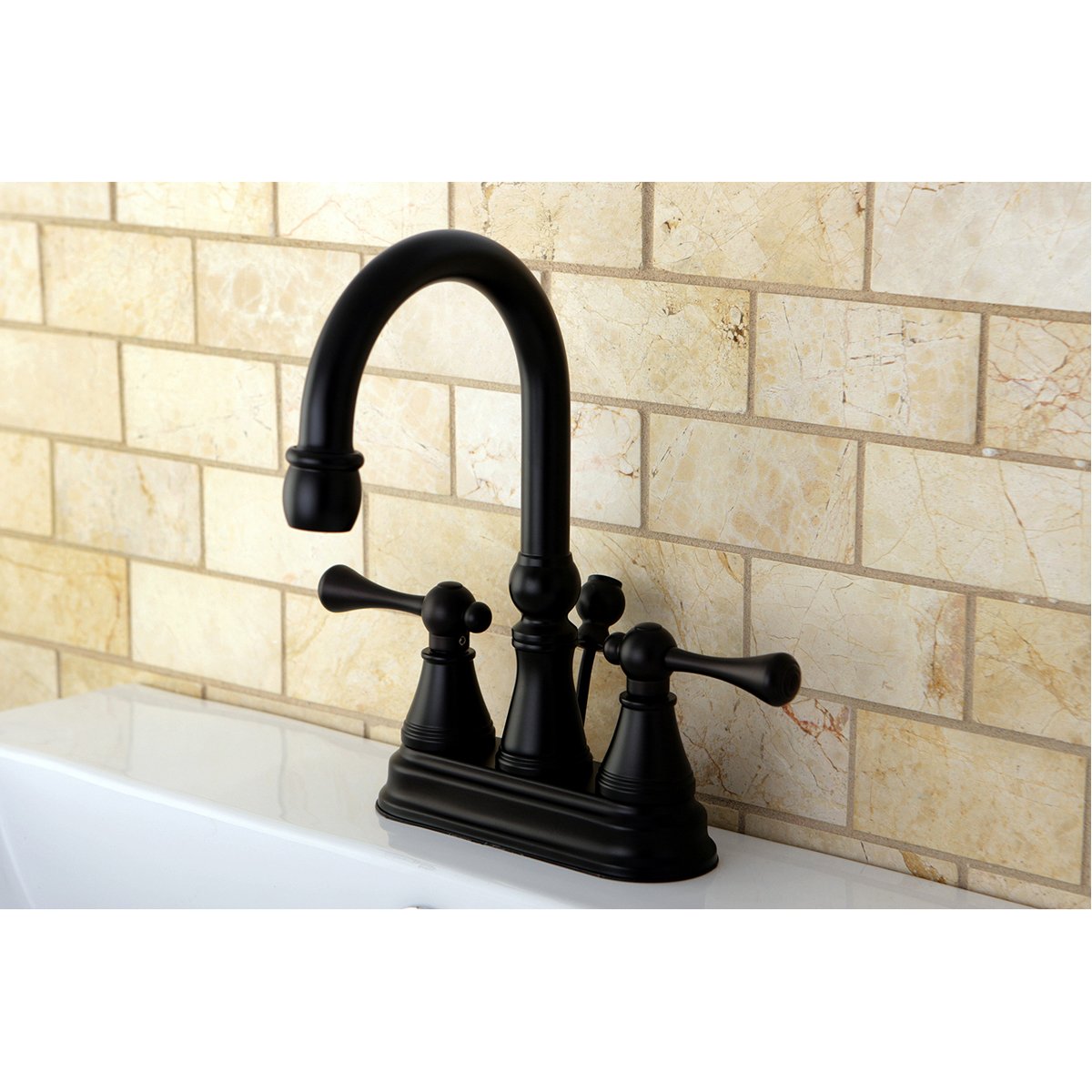 Kingston Brass Restoration Deck Mount 4-Inch Centerset Bathroom Faucet with Brass Pop-Up