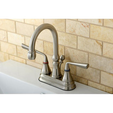 Kingston Brass Silver Sage Two Handle 4" Centerset Lavatory Faucet with Brass Pop-up in Satin Nickel-Bathroom Faucets-Free Shipping-Directsinks.