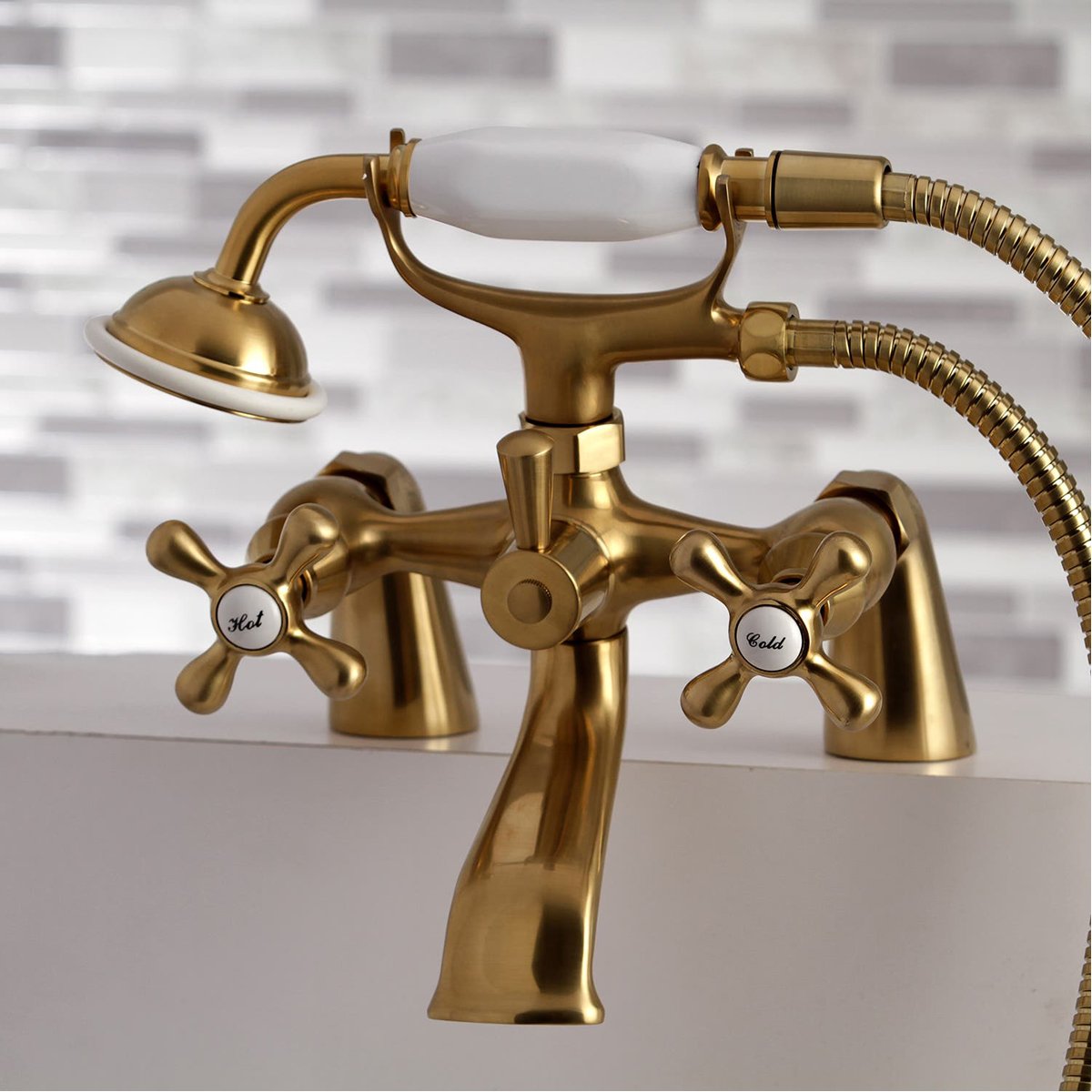 Kingston Brass KS265AB Antique Brass Kingston Wall Mounted Clawfoot Tub  Filler with Built-In Diverter - Includes Hand Shower 