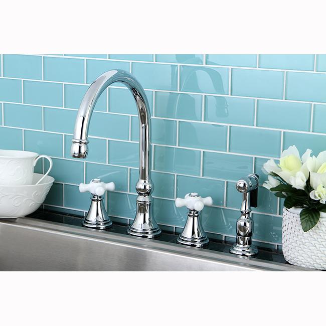 Kingston Brass Governor 8" Deck Mount Kitchen Faucet with Brass Sprayer and Porcelain Cross Handle-Kitchen Faucets-Free Shipping-Directsinks.
