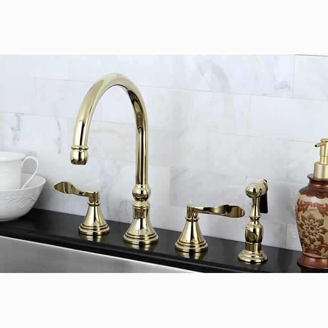 Kingston Brass Nu French Double Handle 8" Deck Mount Kitchen Faucet with Brass Sprayer-Kitchen Faucets-Free Shipping-Directsinks.