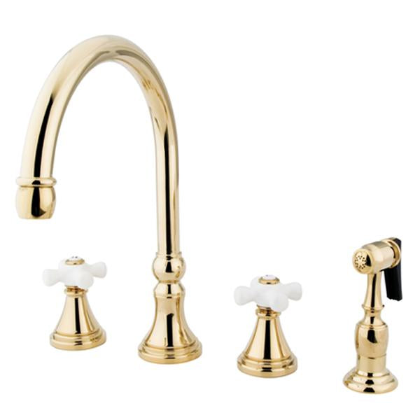 Kingston Brass Governor 8" Deck Mount Kitchen Faucet with Brass Sprayer and Porcelain Cross Handle-Kitchen Faucets-Free Shipping-Directsinks.