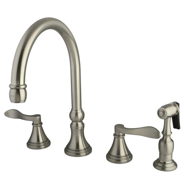 Kingston Brass Nu French Double Handle 8" Deck Mount Kitchen Faucet with Brass Sprayer in Satin Nickel-Kitchen Faucets-Free Shipping-Directsinks.