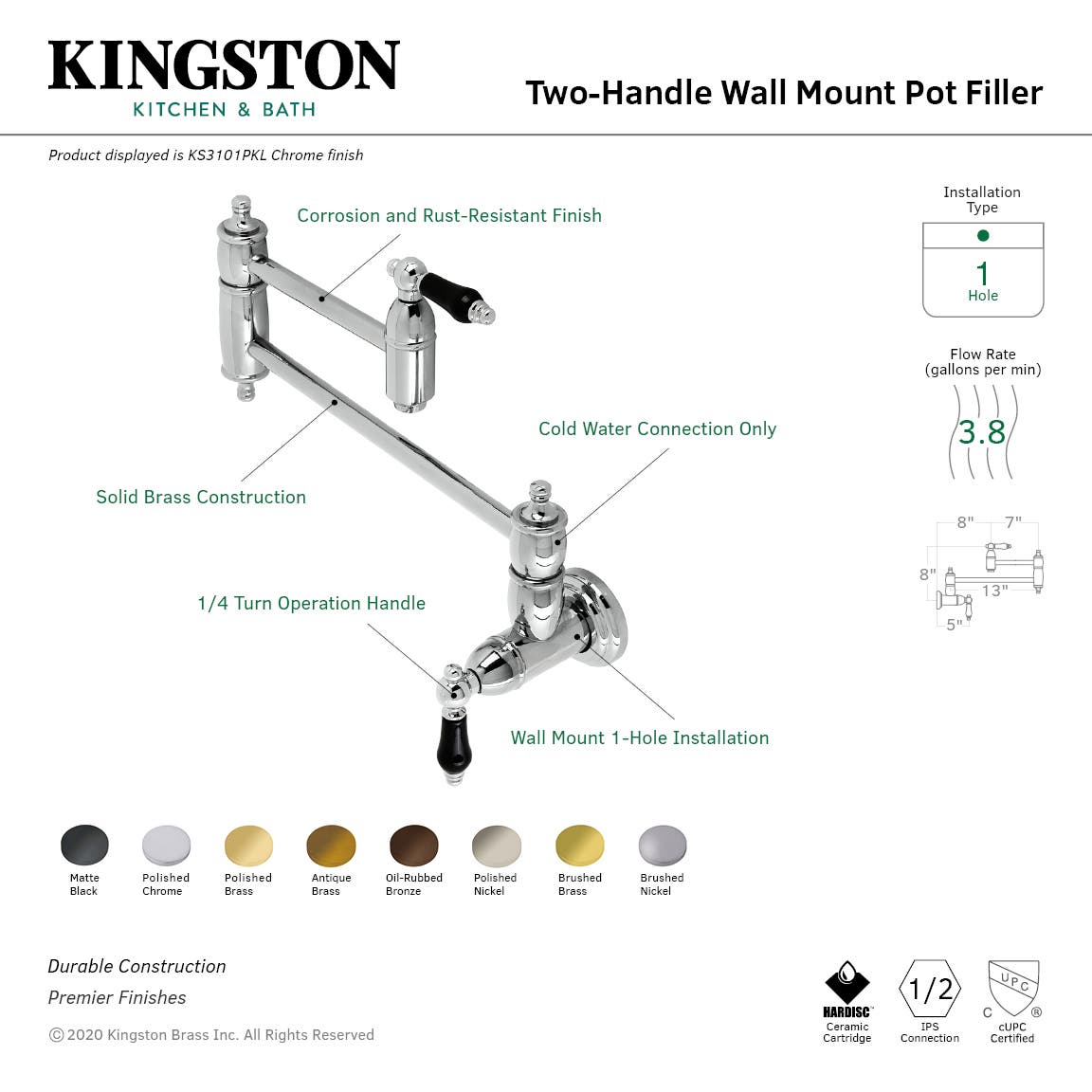 Kingston Brass KS310XPKL-P Duchess Wall Mount Pot Filler