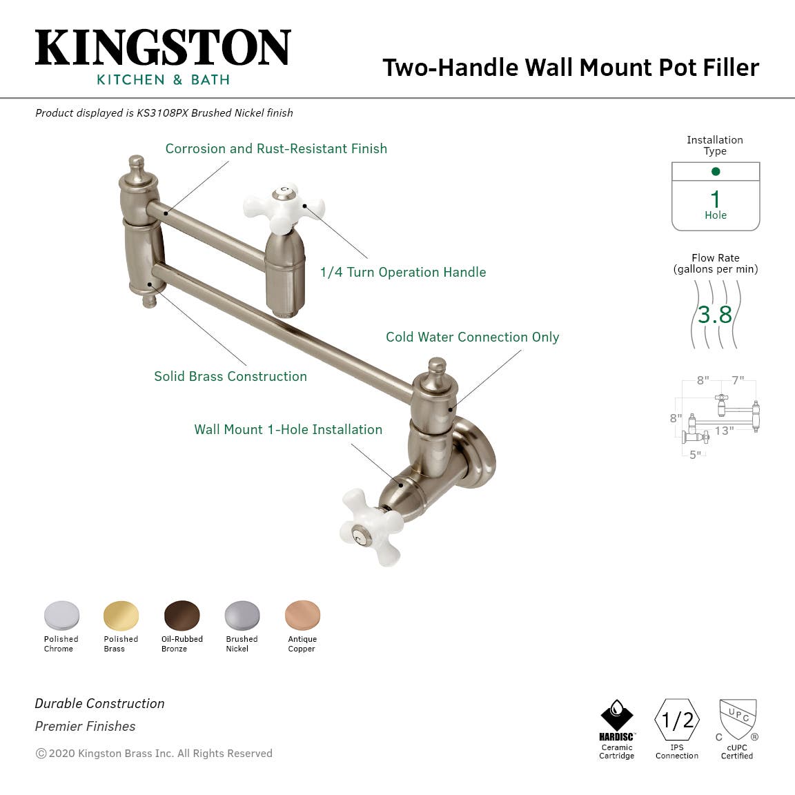 Kingston Brass KS310XPX-P Restoration Two-Handle Wall Mount Pot Filler