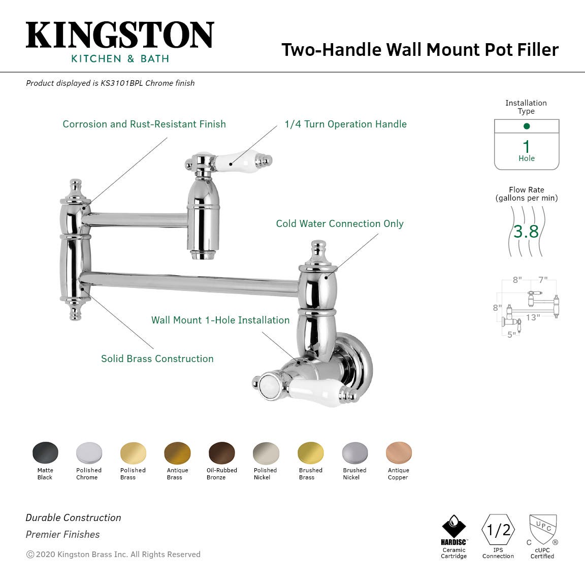 Kingston Brass KS310BPLAC Bel Air Wall Mount Pot Filler Kitchen Faucet, Antique Copper