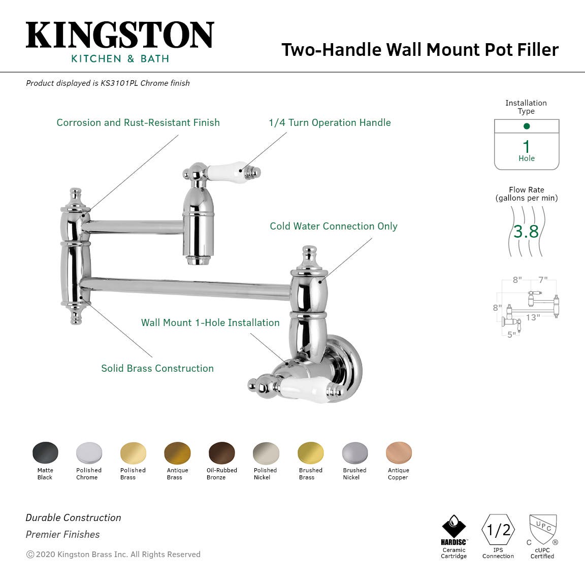 Kingston Brass KS310PLAC Restoration Wall Mount Pot Filler Kitchen Faucet, Antique Copper