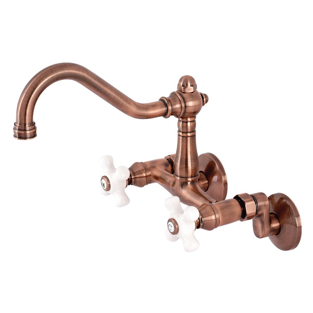 Kingston Brass KS322PXAC Vintage 6" Adjustable Center Wall Mount Kitchen Faucet, Antique Copper