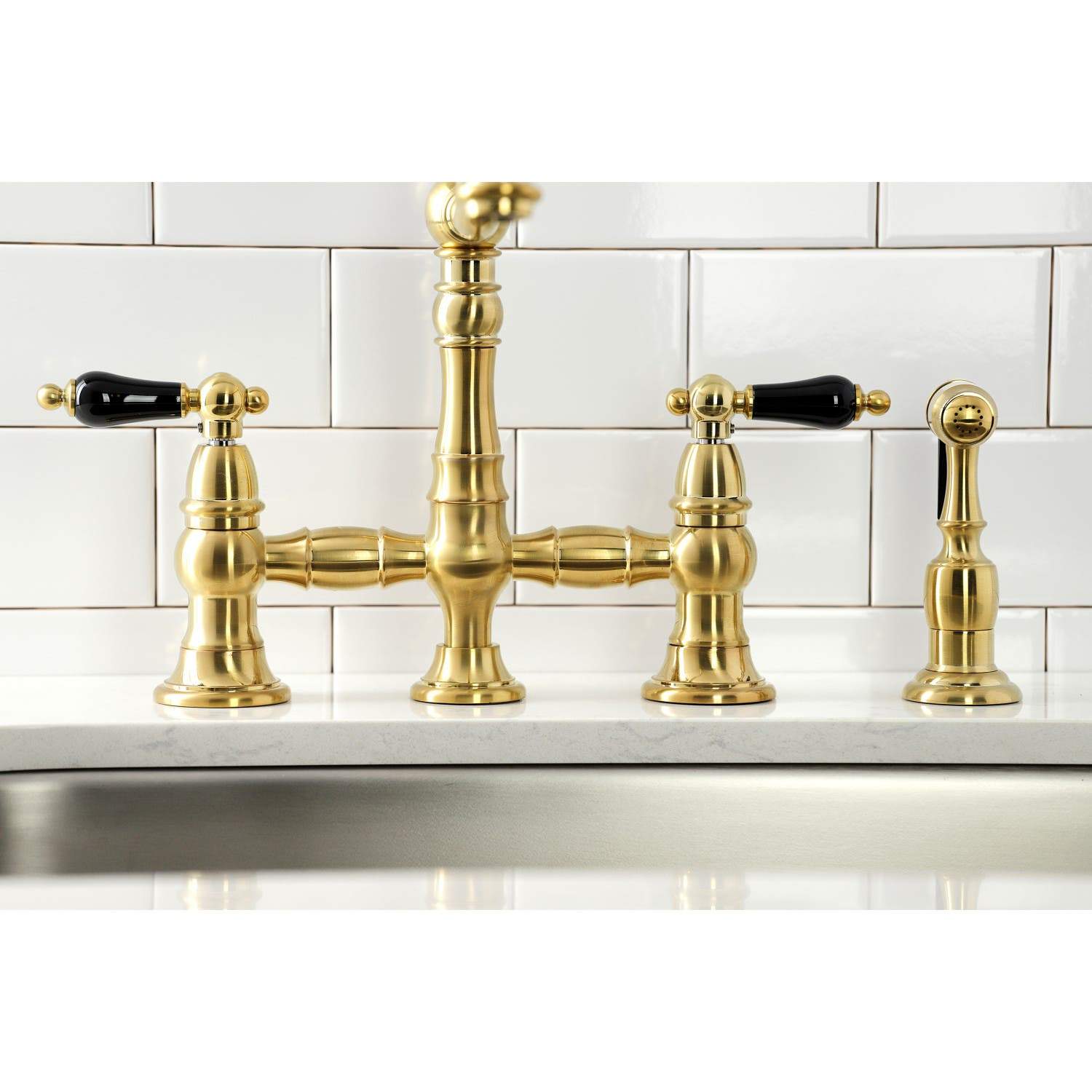 Kingston Brass KS327XPKLBS-P Duchess Bridge Kitchen Faucet with Brass Sprayer