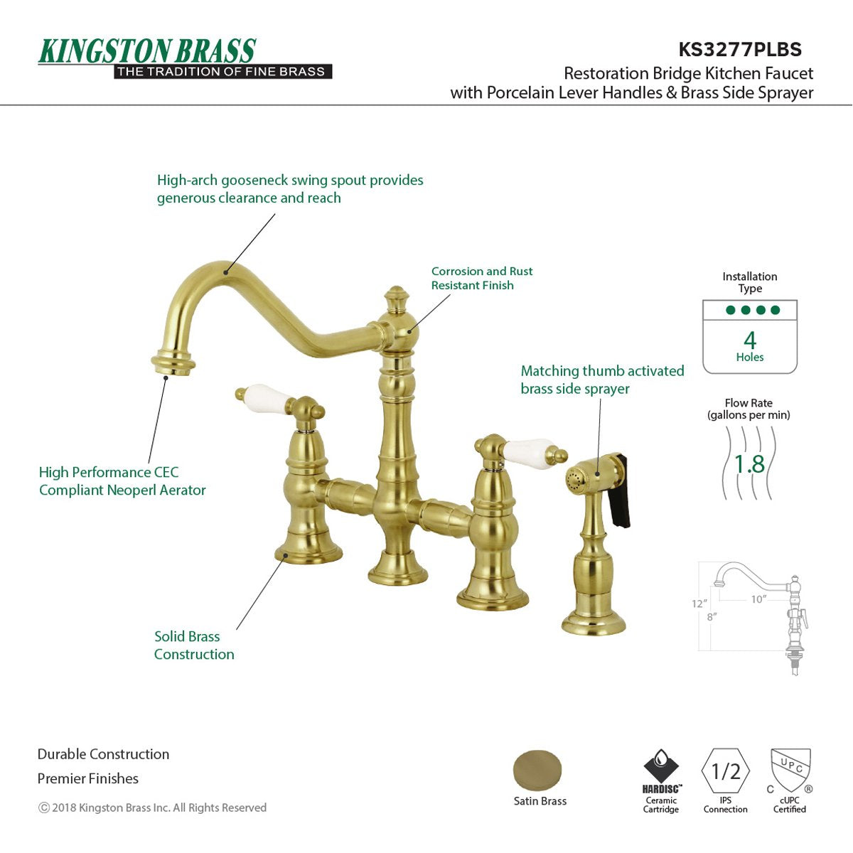 Kingston Brass Restoration 8-Inch Bridge Kitchen Faucet with Sprayer