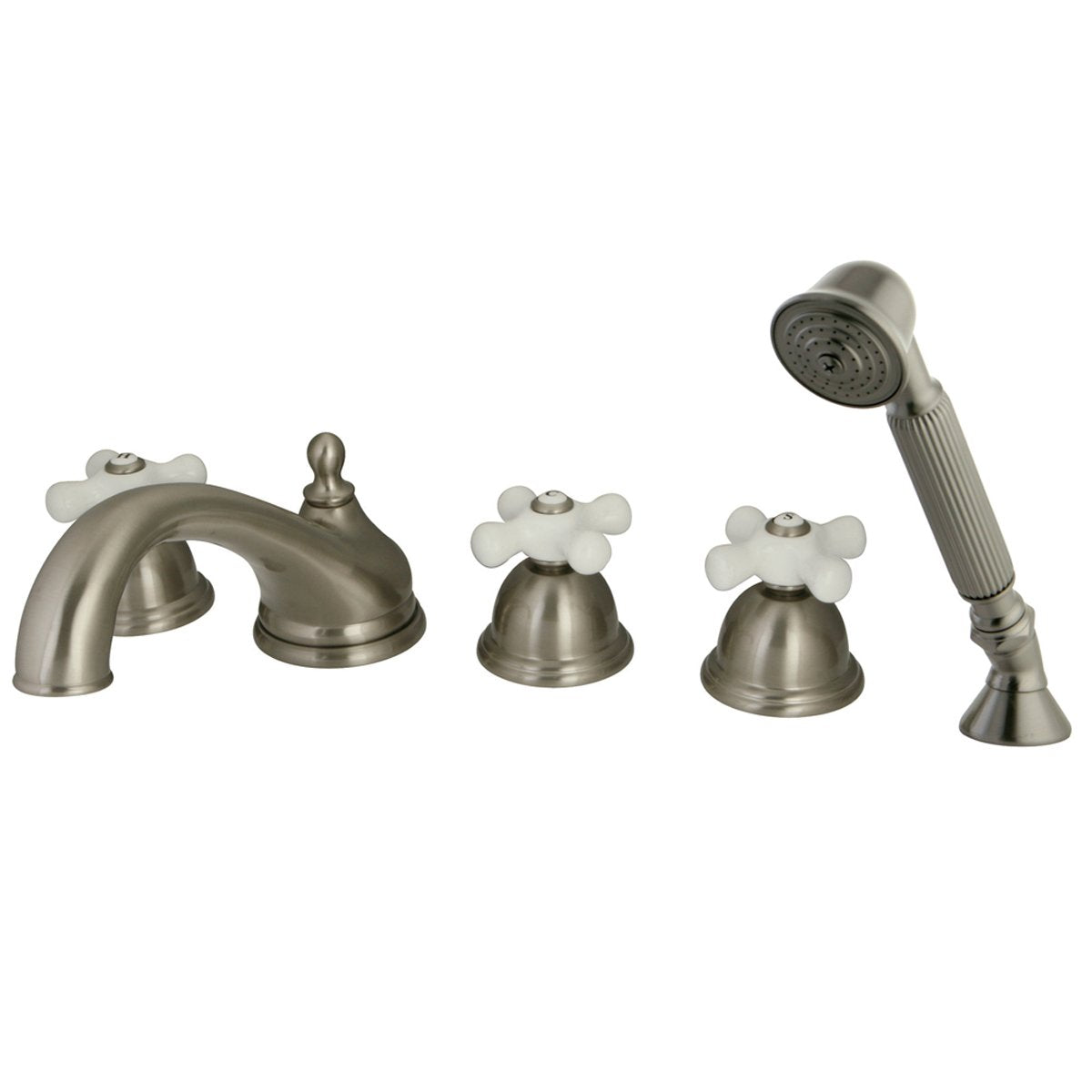 Kingston Brass Royale Three Handle Satin Nickel Roman Tub Filler with Hand Shower-Tub Faucets-Free Shipping-Directsinks.