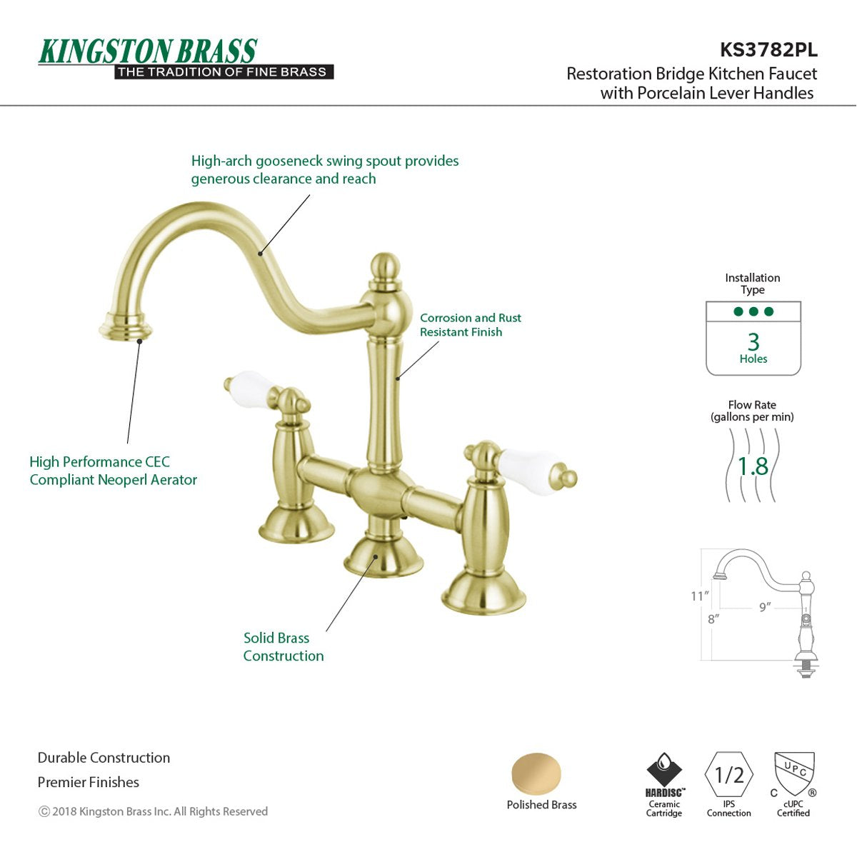 Kingston Brass Restoration 2-Handle Kitchen Bridge Faucet