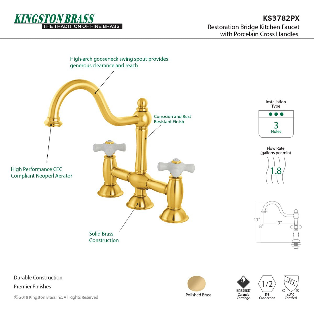 Kingston Brass Restoration Two-Handle Kitchen Bridge Faucet
