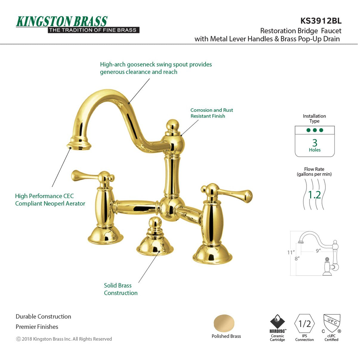 Kingston Brass Restoration Deck Mount Bathroom Bridge Faucet