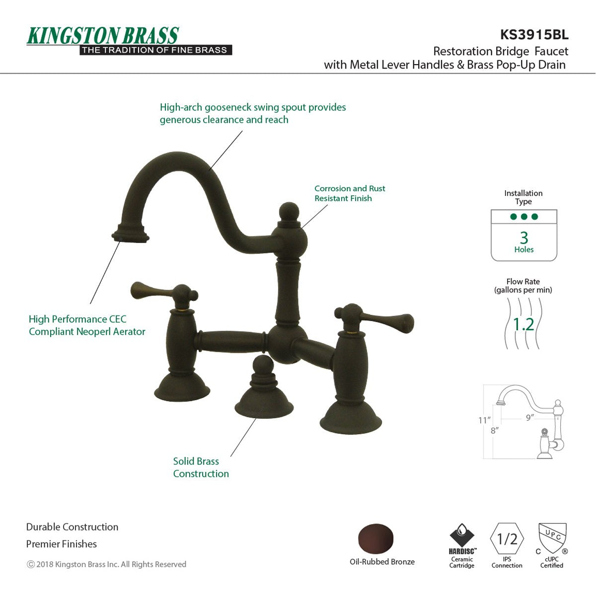 Kingston Brass Restoration Deck Mount Bathroom Bridge Faucet