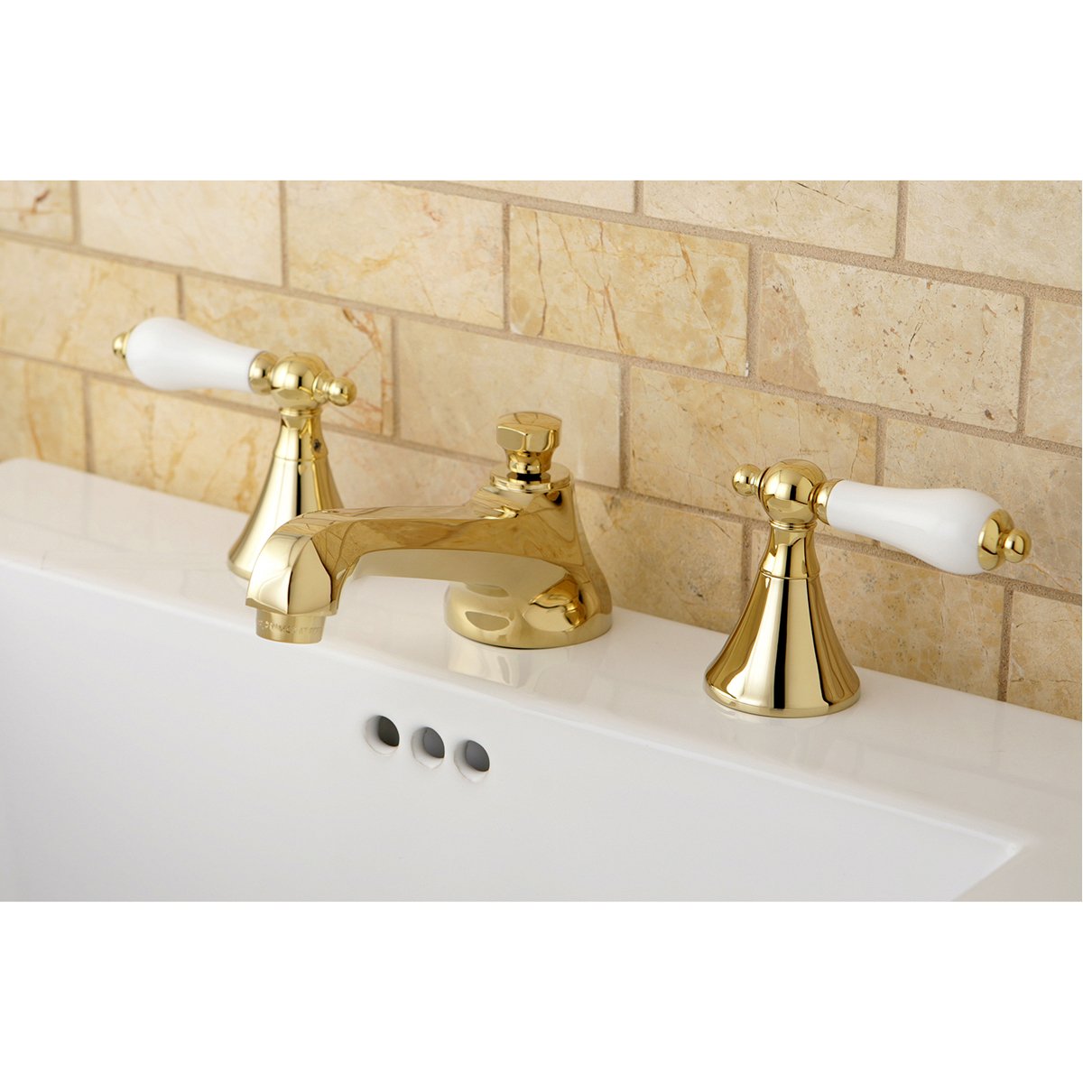 Kingston Brass Three-Hole 8-Inch Widespread Bathroom Faucet with Brass Pop-Up-DirectSinks