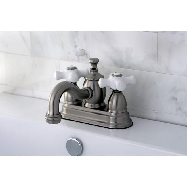 Kingston Brass English Country 4" Centerset Lavatory Faucet with Heritage Spout and Porcelain Cross Handle-Bathroom Faucets-Free Shipping-Directsinks.