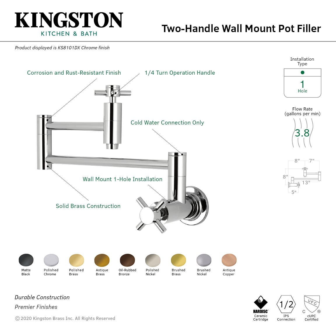 Kingston Brass KS810DXAC Concord Wall Mount Pot Filler Kitchen Faucet, Antique Copper