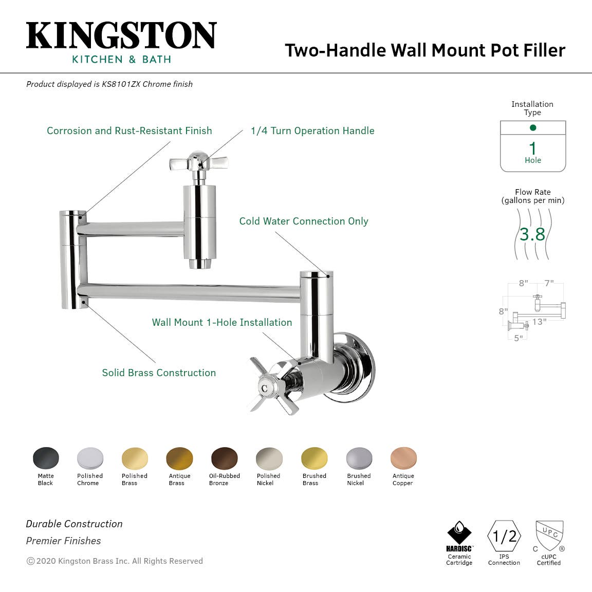 Kingston Brass KS810ZXAC Millennium Wall Mount Pot Filler Kitchen Faucet, Antique Copper