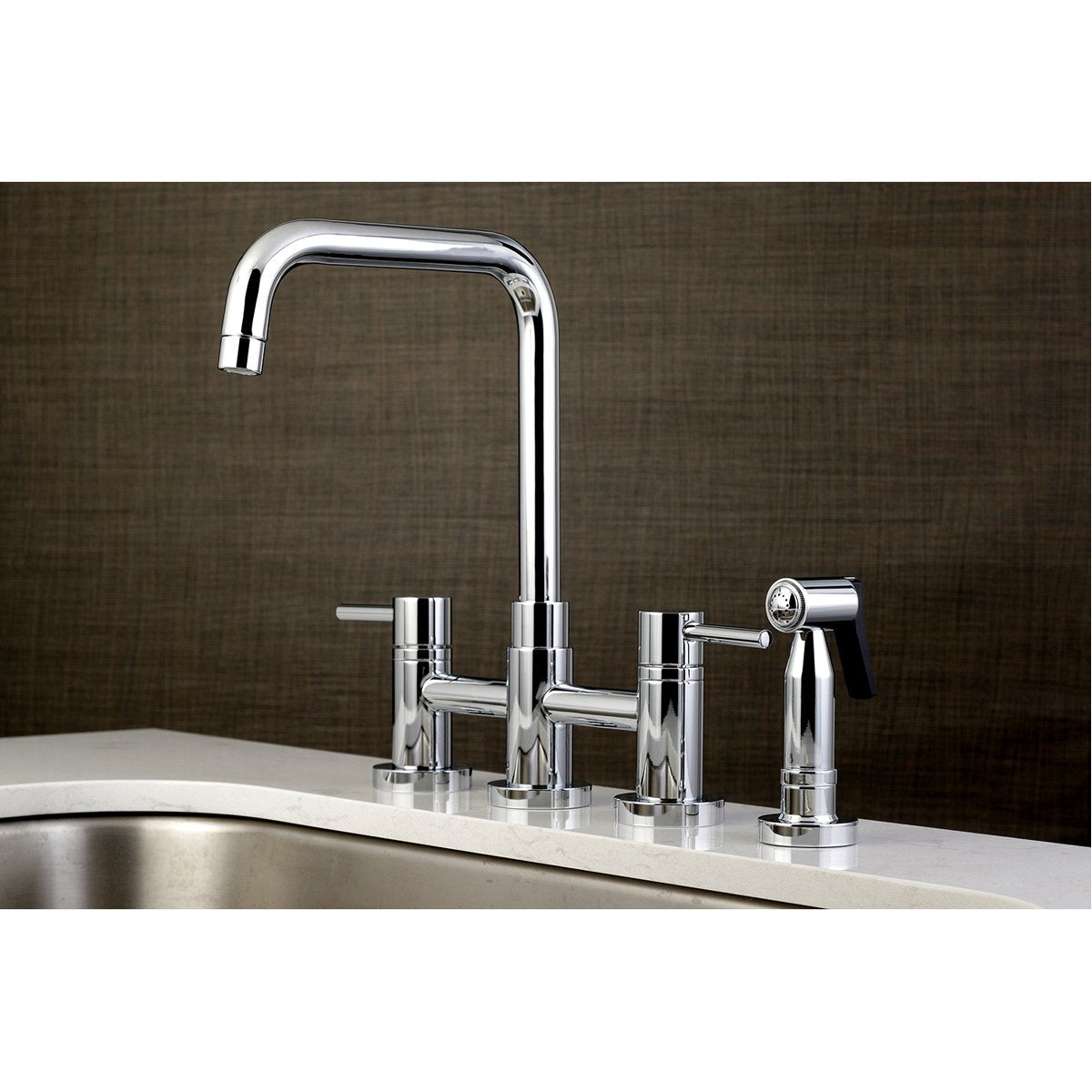 Kingston Brass Concord Two-Handle Deck Mount Bridge Kitchen Faucet with Brass Side Sprayer
