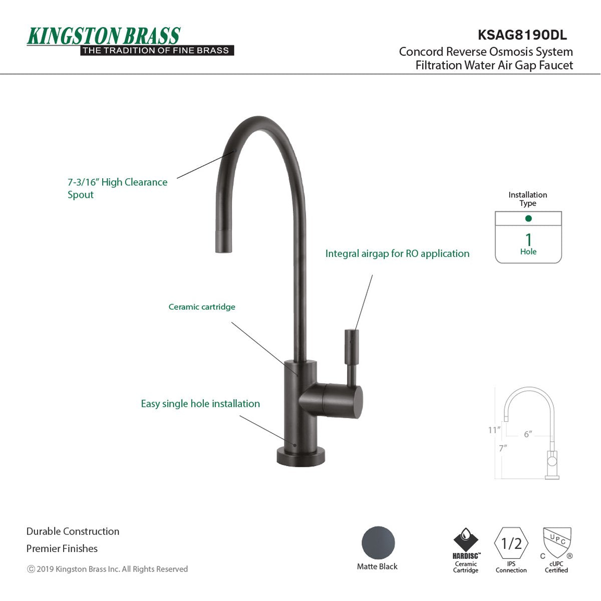 Kingston Brass Concord Reverse Osmosis System Filtration Water Air Gap Faucet