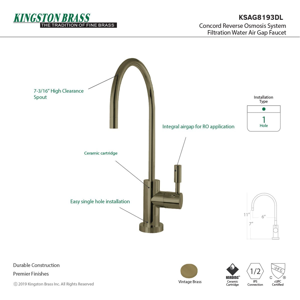 Kingston Brass Concord Reverse Osmosis System Filtration Water Air Gap Faucet