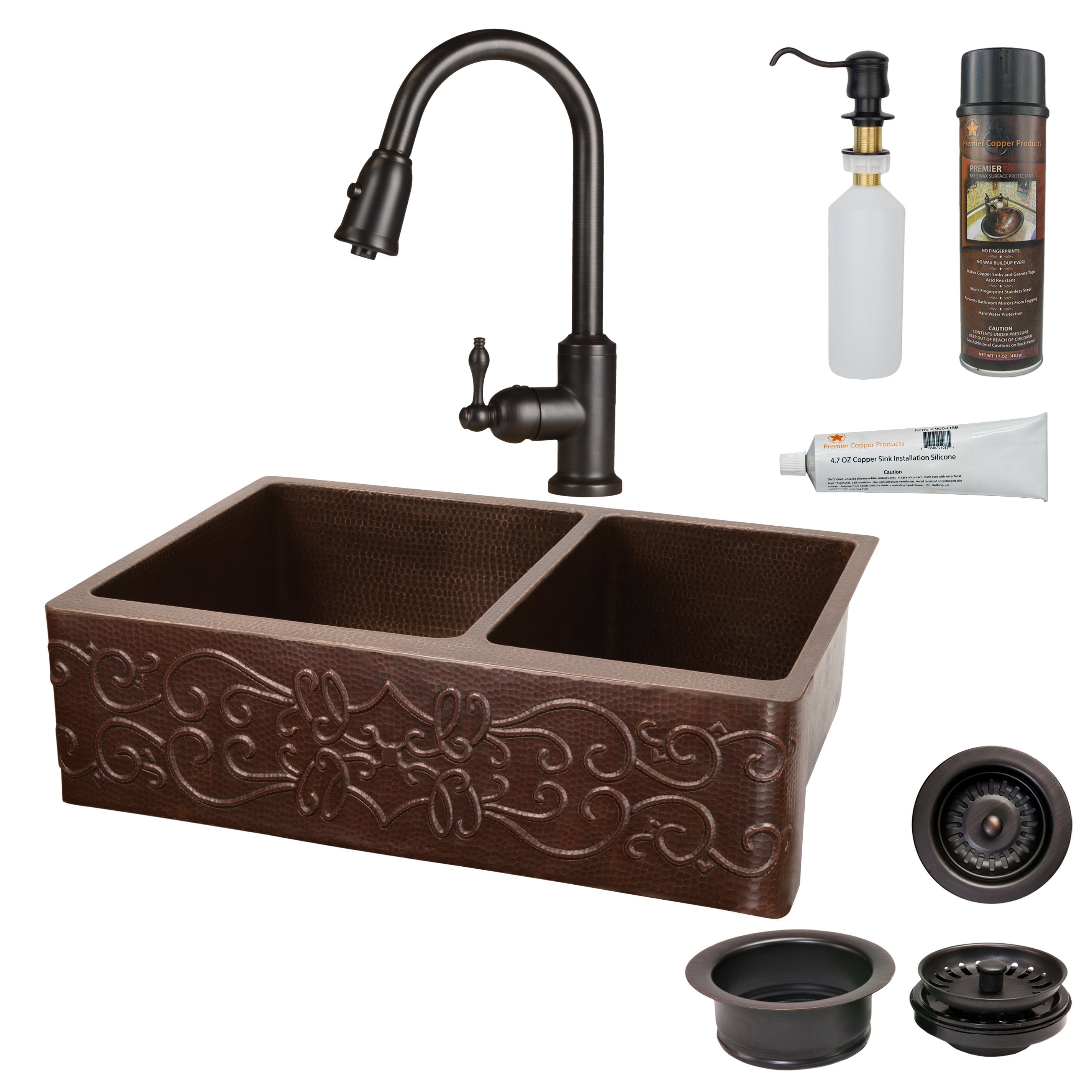 Premier Copper Products - KSP2_KA60DB33229S Kitchen Sink, Faucet and Accessories Package-DirectSinks