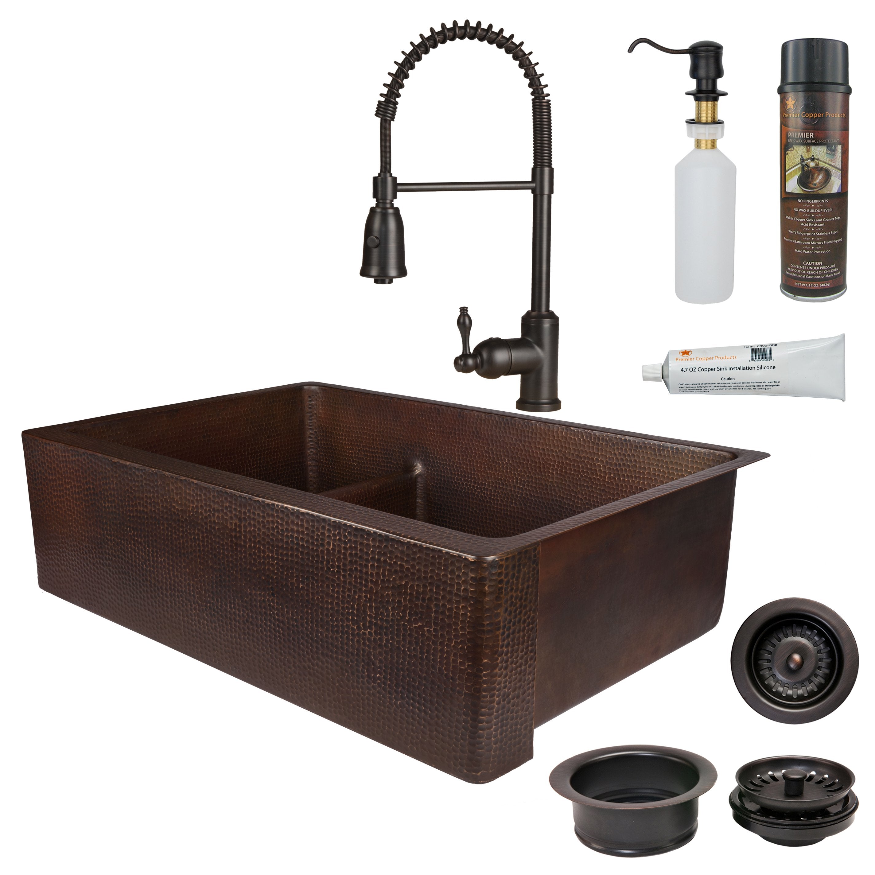 Premier Copper Products - KSP4_KA30DB33229-SD5 Kitchen Sink, Faucet and Accessories Package-DirectSinks