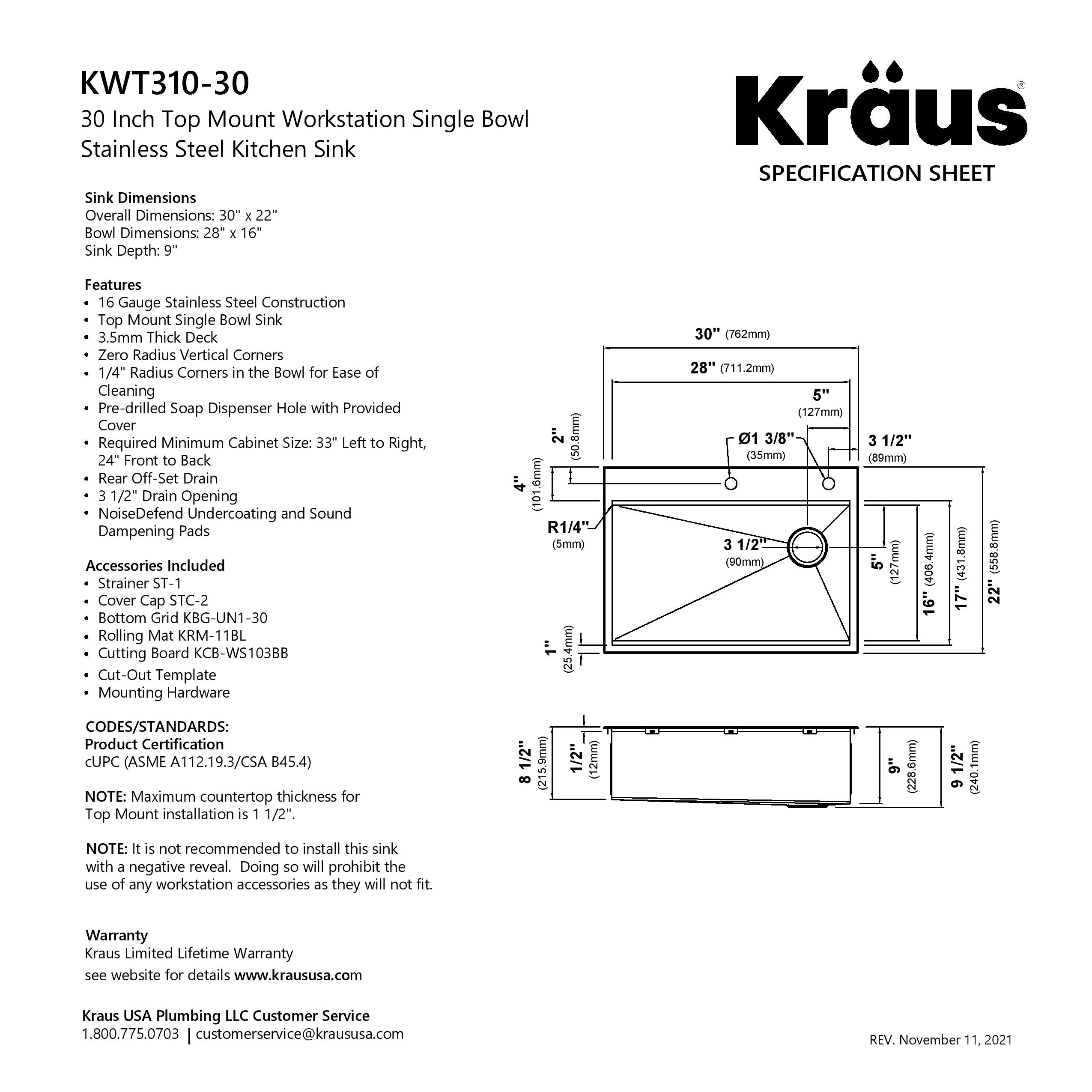 KRAUS Kore 30" Drop-In Workstation 16 Gauge Stainless Steel Single Bowl Kitchen Sink with Accessories