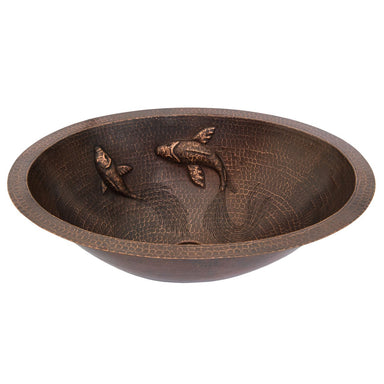 Premier Copper Products Oval Under Counter Hammered Copper Bathroom Sink with Two Small Koi Fish Design-DirectSinks
