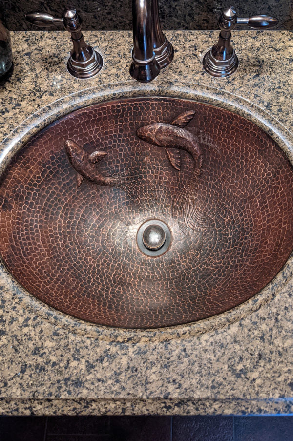 Premier Copper Products Oval Under Counter Hammered Copper Bathroom Sink with Two Small Koi Fish Design