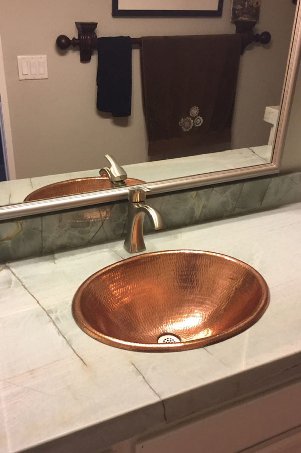 Premier Copper Products 19" Oval Self Rimming Hammered Copper Bathroom Sink in Polished Copper