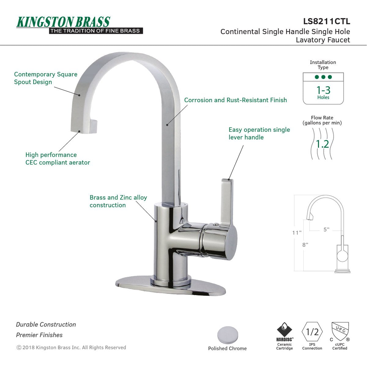Kingston Brass Fauceture Continental Single-Handle Bathroom Faucet