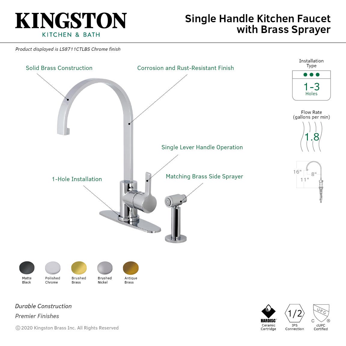 Kingston Brass LS871XCTLBS-P Continental Single-Handle Kitchen Faucet with Brass Sprayer