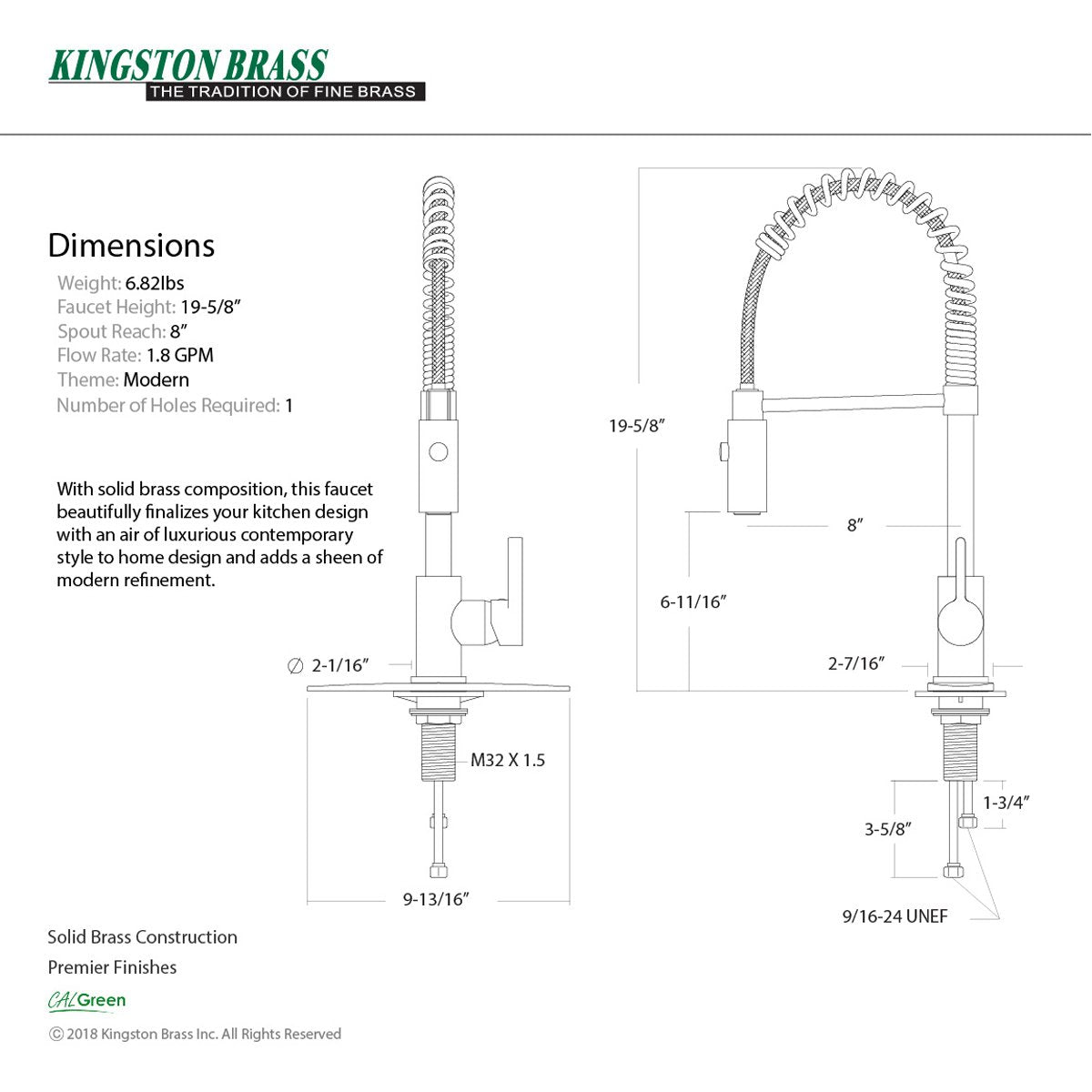 Kingston Brass Gourmetier Continental Single-Hole Single-Handle Pre-Rinse Kitchen Faucet