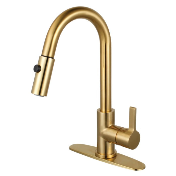 Brushed Brass Goose Faucet, Gourmetier LS8783CTL Continental Single-Handle Pull-Down Kitchen Faucet, Brushed Brass