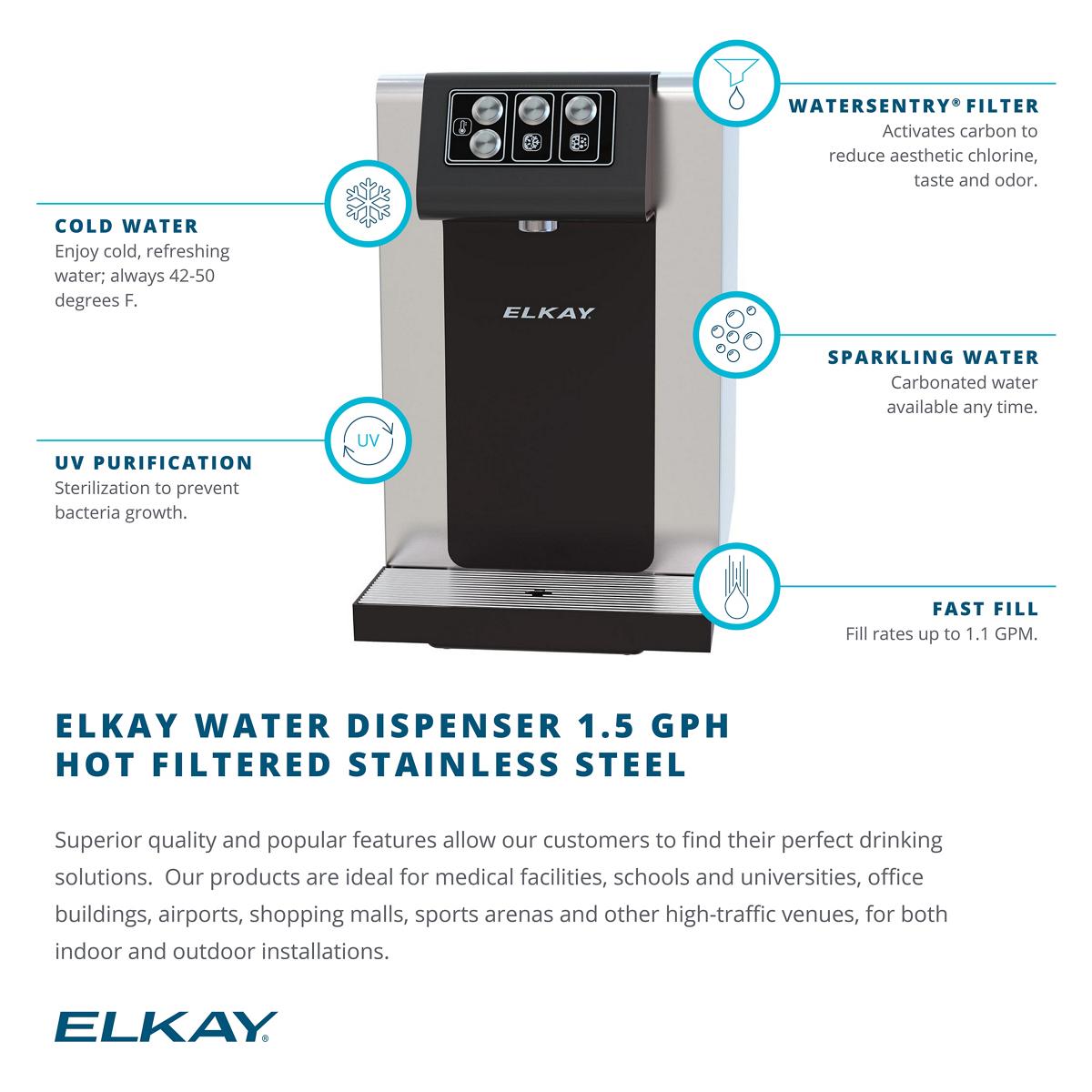 Elkay DSBSH130UVPC Water Dispenser, 1.5 GPH, Hot, Filtered, Stainless Steel