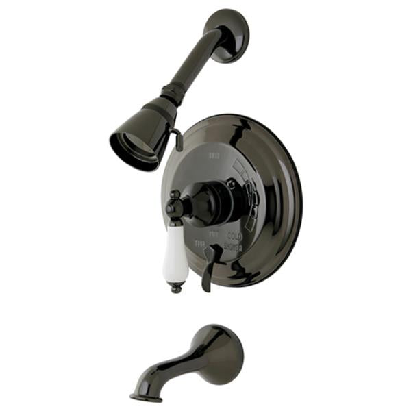 Kingston Brass Water Onyx NB36300PL Pressure Balanced Tub and Shower Faucet with Porcelain Lever Handle and Vintage Spout-Shower Faucets-Free Shipping-Directsinks.