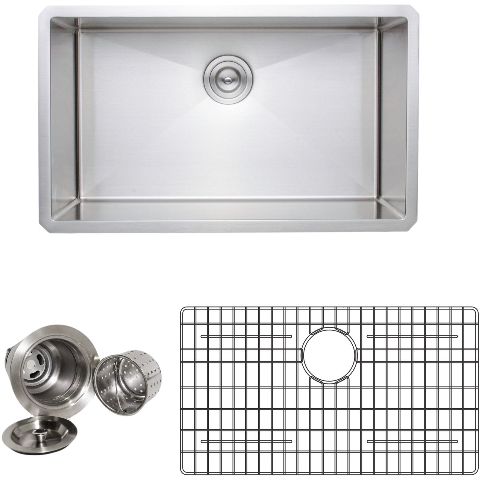 Wells Sinkware Handcrafted 30-Inch 16-Gauge Undermount Single Bowl Stainless Steel Kitchen Sink with Grid Rack and Basket Strainer-DirectSinks