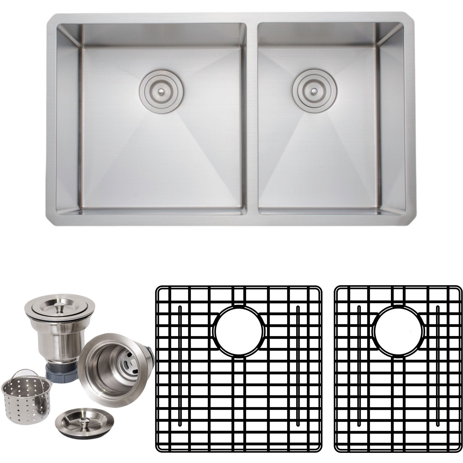 Wells Sinkware Handcrafted 33-Inch 16-Gauge Undermount 60/40 Double Bowl Stainless Steel Kitchen Sink with Grid Racks and Basket Strainers-DirectSinks